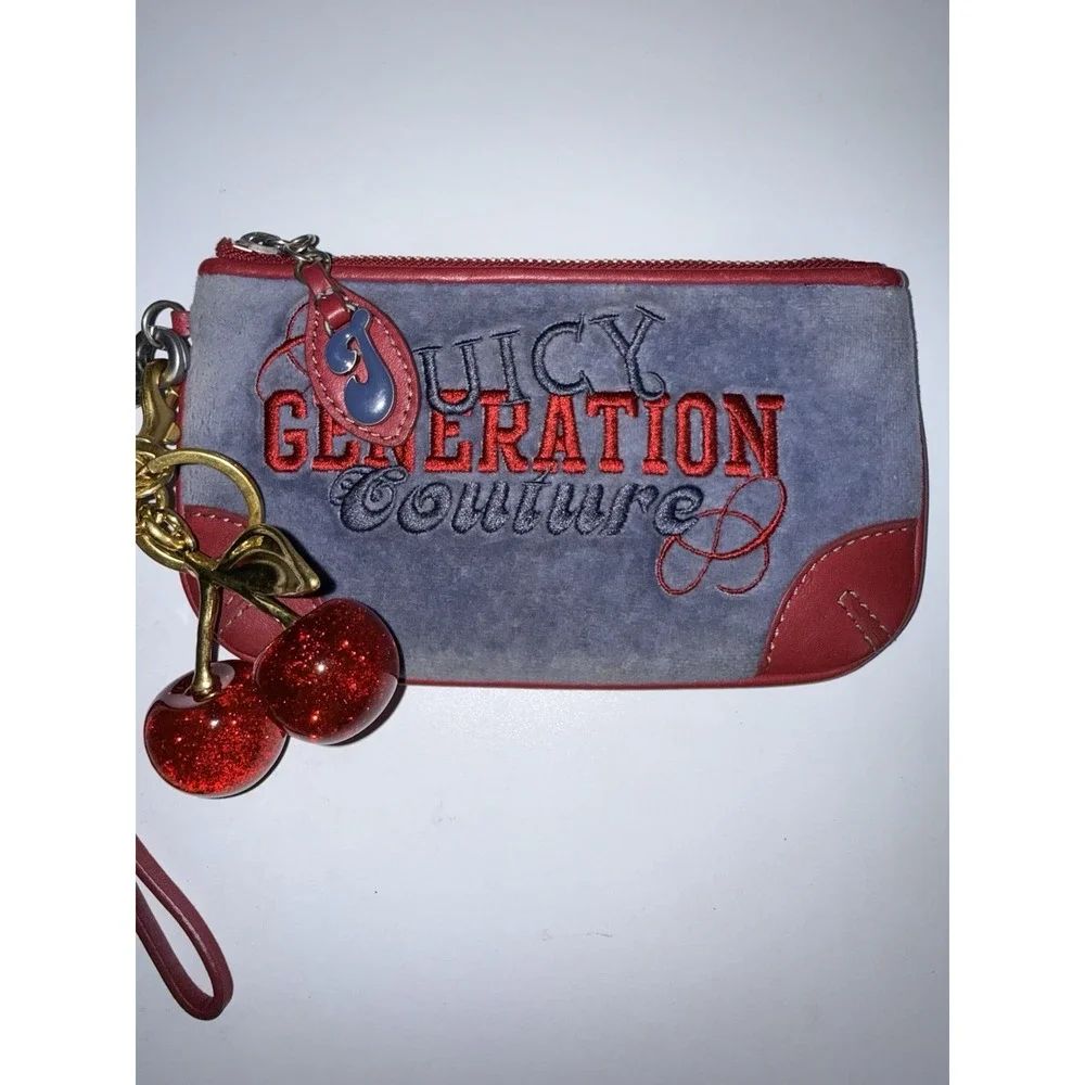 Vtg Juicy Couture Red Velour With Navy Wristlet Wallet‎ Y2K  Rare Charm Cherry Y